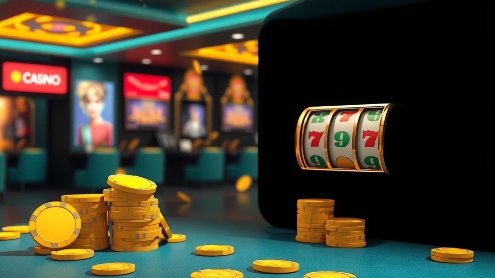 PK116 casino lounge with glowing slot reels and stacked chips