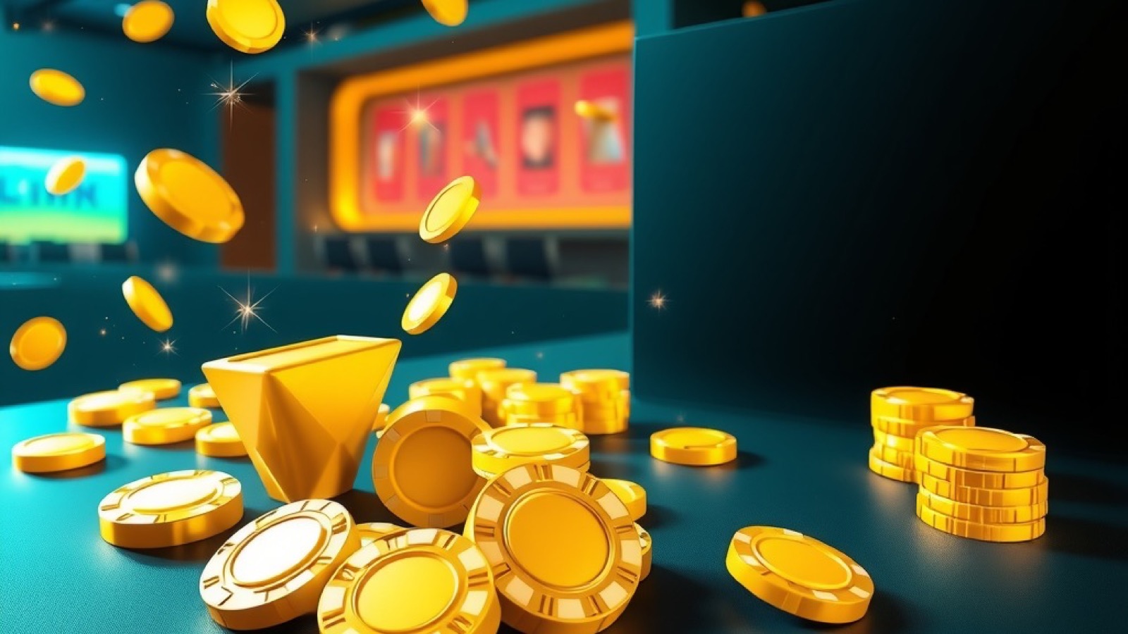 PK116 casino lounge with glowing slot reels and stacked chips