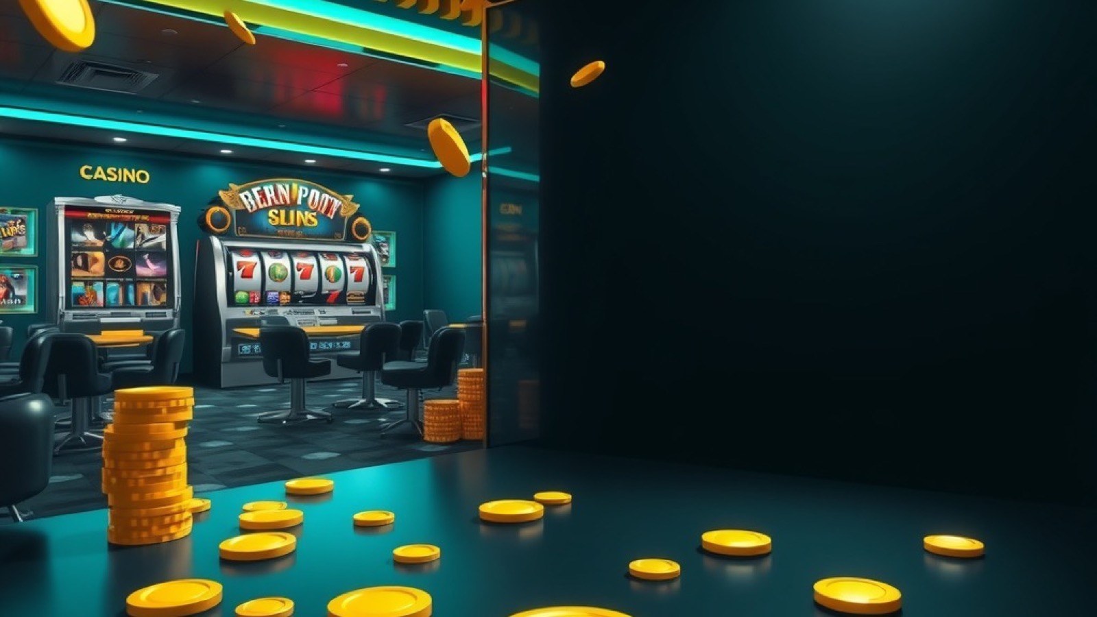 PK116 casino lounge with glowing slot reels and stacked chips