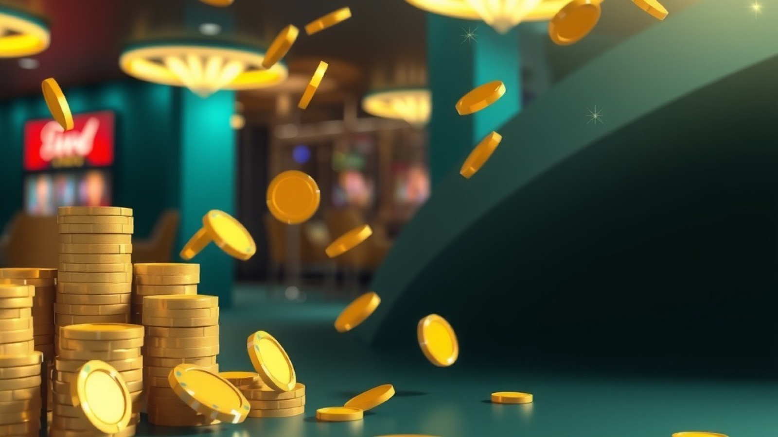 PK116 casino lounge with glowing slot reels and stacked chips
